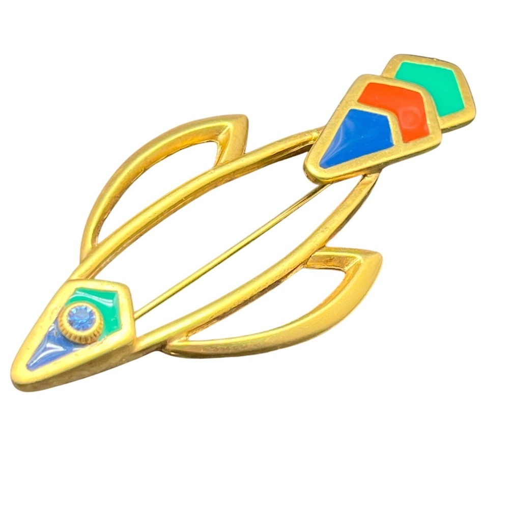 Vtg 1980s Brooch open-work Gold-tone Enamel Fish Geometric Red Blue Green